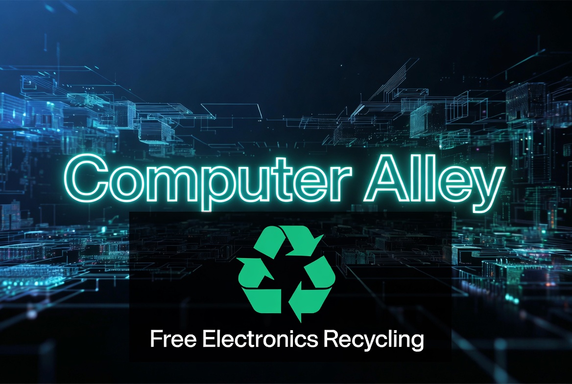 Computer Alley neon banner with recycling symbol